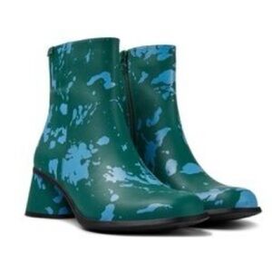 LIKE NEW Camper Kiara Paint Splatter Heeled Leather Booties in Green and Blue